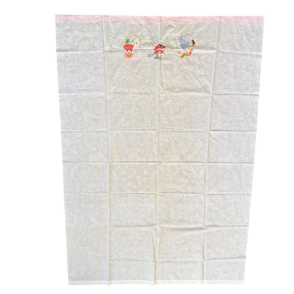 Vintage Embroidered Baby Crib Flat Sheet  Jump Rope Skiing Baseball White Pink - Picture 5 of 9